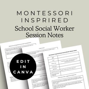 Pode incluir: Uma folha de trabalho imprimível para assistentes sociais escolares para documentar observações e reflexões durante as sessões inspiradas nos princípios Montessori. A folha de trabalho inclui seções para a data, hora, tipo de sessão, nome da criança, idade/ano, ambiente preparado, observação e acompanhamento e apoio.