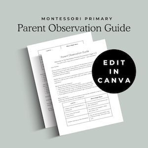 Pode incluir: Um Guia de Observação Parental com o texto "MONTESSORI PRIMARY" e "Parent Observation Guide". O guia inclui texto sobre o Ambiente Primário Montessori para idades de 3 a 6 anos. Um círculo preto com o texto "EDIT IN CANVA" está à direita.