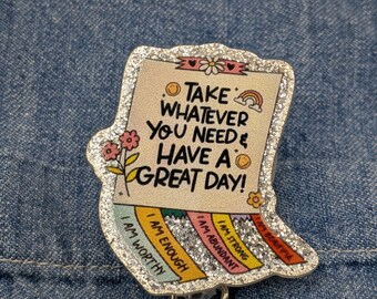 Positive Affirmation Reel – Montessori-Inspired Retractable ID Holder – Colorful Glitter Teacher Clip