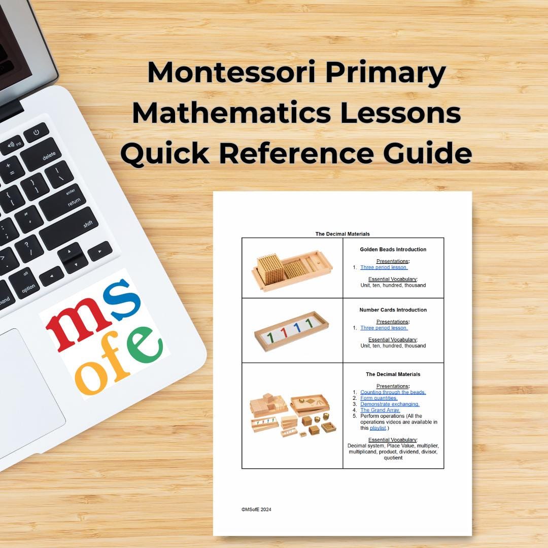 Montessori Primary Mathematics Lessons Quick Reference Guide - Includes ...
