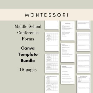 Puede incluir: Un conjunto de 18 formularios imprimibles de conferencia de escuela intermedia en un paquete de plantillas de Canva. Los formularios están diseñados para su uso en un entorno escolar Montessori.