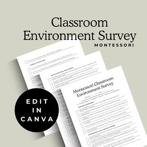 以下が含まれることがあります： モンテッソーリ学校のための教室環境調査の白黒印刷可能なアンケート。アンケートには、全体的な満足度、社会性と感情の発達、準備された環境、自立と自発的な学習に関する質問が含まれています。