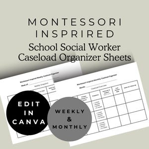 Op de afbeelding: Zwart-witte printbare caseload-organisatorbladen voor schoolmaatschappelijk werkers. De bladen zijn geïnspireerd op de Montessori-methode en bevatten wekelijkse en maandelijkse opties. De tekst op de afbeelding luidt "Montessori-Inspired Weekly Caseload Organizer", "Week of", "Weekly Snapshot", "Montessori-Inspired Monthly Caseload Organizer", "Month", "Caseload Overview", "Primary Concern or Focus", "Frequency", "Tier Level of Support", "Last Session Date", "Notes for Follow Up", "Edit in Canva", "Weekly & Monthly".