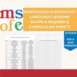 May include: A printable Montessori Elementary Language Scope and Sequence curriculum sheet with 10 pages in PDF and XLSX formats. The sheet includes a sequence number, lesson title, topic, materials, and a grid for planning, presenting, practicing, improving, and production.