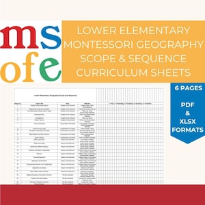 Puede incluir: Un gráfico de alcance y secuencia imprimible para el plan de estudios de geografía Montessori de primaria inferior. El gráfico está dividido en secciones para la secuencia, el título de la lección, el tema, los materiales y la evaluación. El gráfico está en blanco y negro y tiene un formato de cuadrícula.