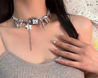 y2k Watch Metal Charm Choker Necklace, Fairycore Necklace, Women Statement Necklace