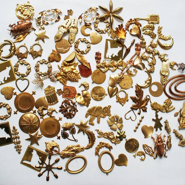 Lot 15 - 1/2 lb. (Approx. 100 pcs) Assorted Vintage SOLID BRASS Stampings, Findings