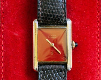 1970's CARTIER Must Tank Watch Vermeil Silver 925 Gold Bordeaux Manual Dial