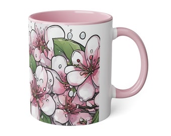 EU PL Pink cherry blossom flowers mug in black pink and green handle interior gift idea 11oz 0.33 l