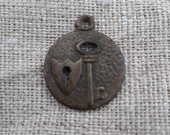 Vintage Bronze Medallion, Key & Shield Symbol, Antique Pendant