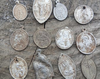 LOT 12 Vintage Religious Medallions, Christianity  Pendant, Collectible  Medallion Metal Detected, Original Damaged, Condition In Photo
