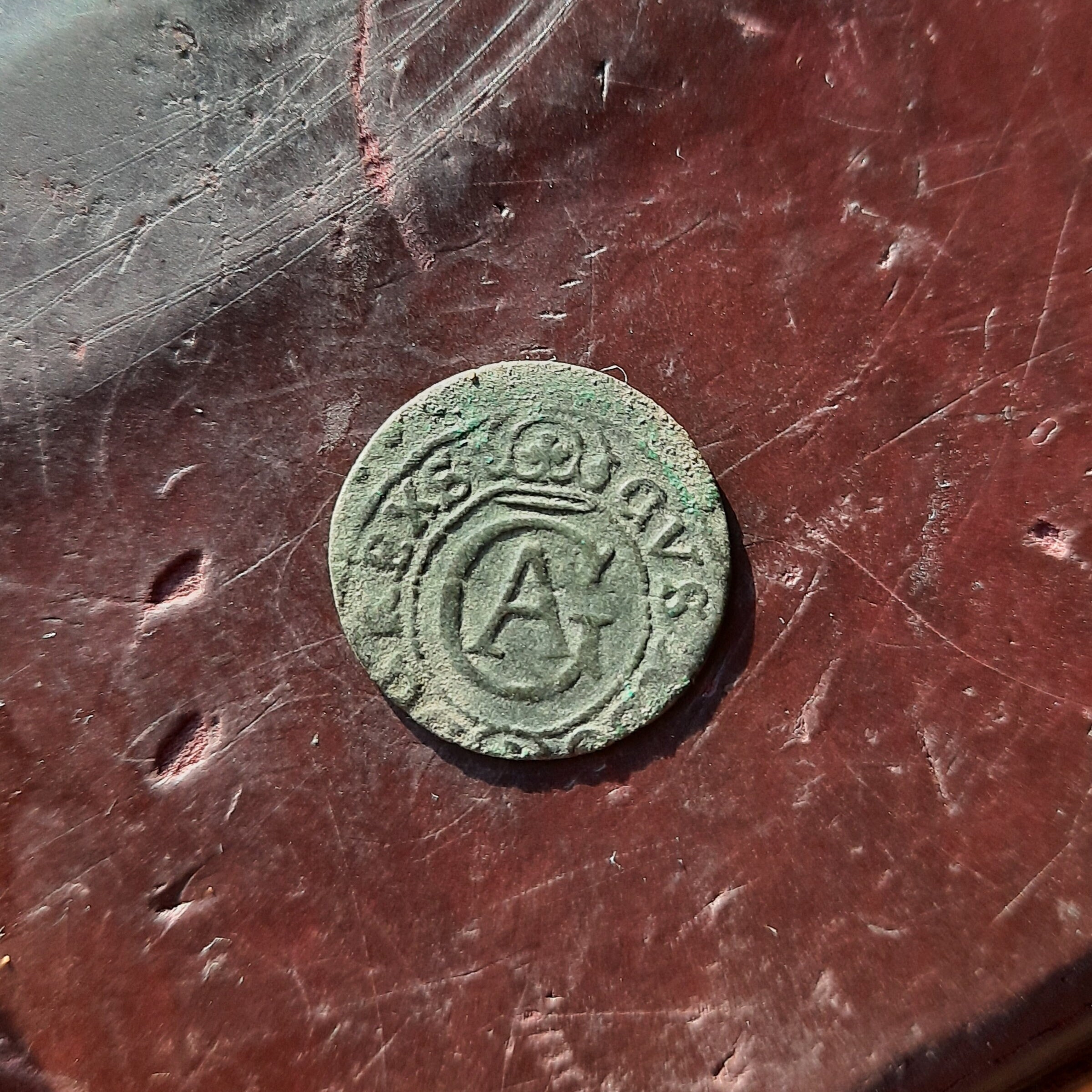 1634 One Solidus Gustav II Adolf City of Riga Silver Coin Billon, 1 Shilling Swedish Livonia, 1 Silins, Original Not Cleaned
