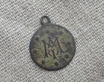 Ave Maria Monogram, Antique Christian religious pendant, Copper Collectible Medallion of Christianity, Found by metal detector in Lithuania
