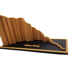 Op de afbeelding: Een houten model van Pikes Peak, met een zwarte basis en gouden rand. Het profiel van de berg is gedetailleerd uitgesneden, met de tekst "Pikes Peak" aan de basis. Een decoratief item.