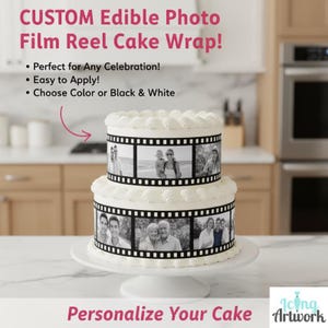Custom Edible Film Reel Cake, Personalized Photo Movie Strips, Hollywood Party (Color or B&W)