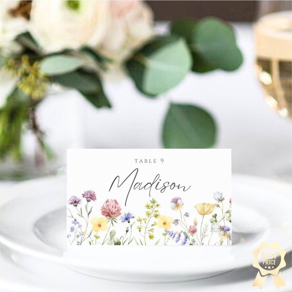 Boho Editable Printable Food and Name Card For Wedding, Engagement, Bridal - Baby shower Table, Wildflowers Themed event table card 8.5x5cm