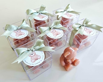 May include: Six clear plastic boxes, each containing a small, light-brown teddy bear. Each box is tied with a light green ribbon and a circular tag with a teddy bear illustration and the text "thank you for coming".