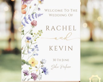 Boho Wildflowers Wreath Wedding Welcome Sign Poster, 36x24cm Editable - Printable Wedding Welcome Sign Template