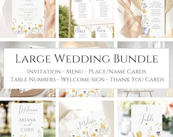 Large Wedding Bundle Wildflowers, Editable Printable Invitation, Table Name Number Thank You Place Cards, Guest list, Menu, Welcome sign