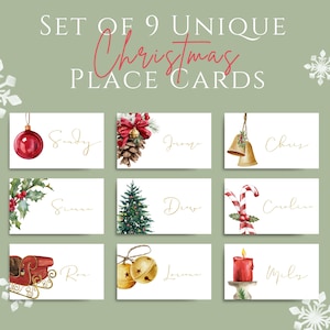 May include: A set of nine unique Christmas place cards. Each card features a watercolour illustration of festive elements, including a red bauble, bells, a Christmas tree, and a candy cane. Names are in gold script.