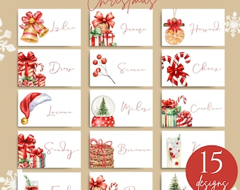 印刷可能なカスタムクリスマスプレースカード、デジタル名札、パーソナライズされたテーブル名ラベル、Canva、編集可能