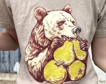 T-shirt mignon ours fruit à manches courtes, t-shirt chrétien drôle de jeu de mots Jean 15:5, chemise Abide Christ, chemise bible graphique grizzly idiote, punny en plein air