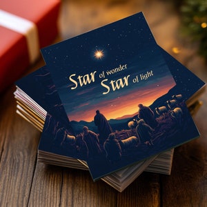 Tarjetas navideñas de pastores en el campo, Estrella de la maravilla, Estrella de la luz, Juego de 10, 30 o 50 tarjetas, Tarjetas navideñas vigilando su rebaño