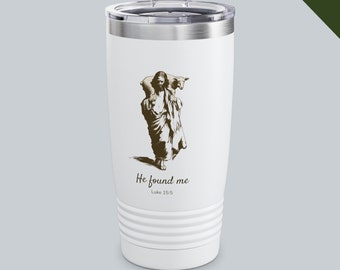 May include: White stainless steel tumbler with a brown illustration of Jesus carrying a lost sheep. The text "He found me" and "Luke 15:5" is printed below the image.