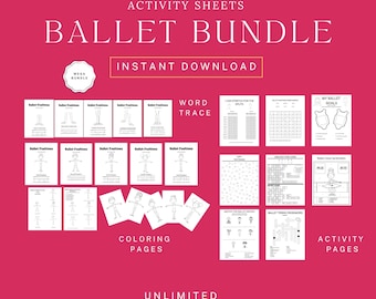 以下が含まれることがあります： ピンク色の背景に「BALLET BUNDLE」と「INSTANT DOWNLOAD」と書かれた白い文字。 この画像には、塗り絵、単語トレース、アクティビティページなど、さまざまなアクティビティシートが掲載されています。 「UNLIMITED USE」というテキストも表示されています。