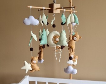 Cute bears nursery mobile Woodland baby mobile for boy Forest animals mobile Cot mobile hanging with bears Crib baby mobile Newborn gift