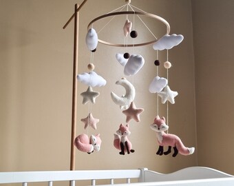 Crib baby mobile with foxes / stars / clouds. Hanging cot mobile for girl. Sleeping fox themed mobile. Foxes nursery mobile for newborn baby