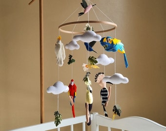 Baby mobile Parrot. Cot mobile hanging with tropical birds. Macaw/cockatoo/hoopoe/toucan/hamming bird crib baby mobile. Newborn shower gift