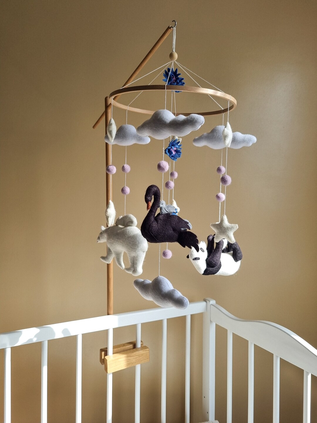 Baby Mobile Neutral Panda Polar Bear Swan Nursery Crib Decor White and ...