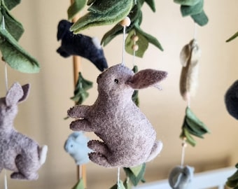 Baby mobile hares / Bunny nursery Woodland / forest theme crib felt mobile handmade Hanging baby room accessory Unique pregnant mom gift