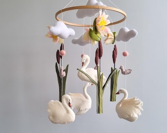 Swan Lake baby girl mobile Aesthetic nursery crib decor Nature / Pond /Floral themed nursery mobile handmade Modern luxury welcome baby gift
