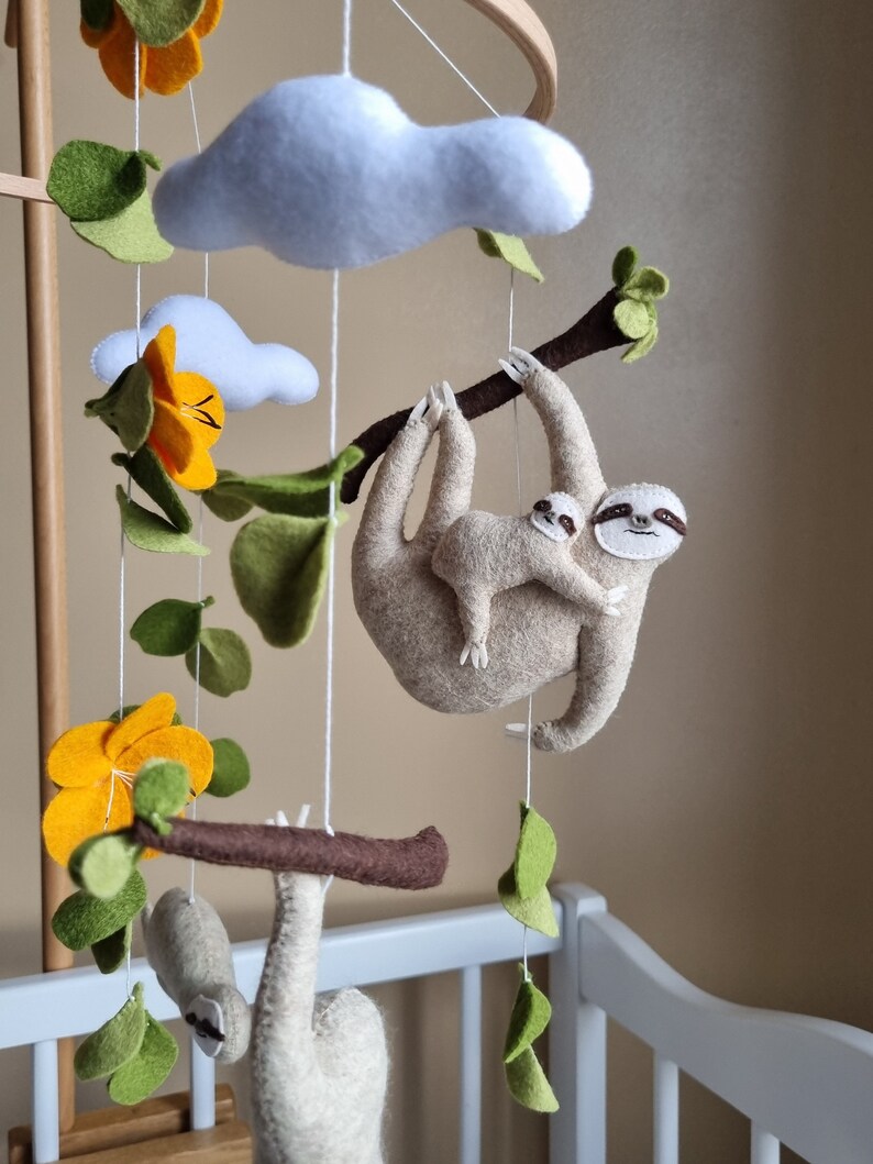 Crib baby mobile Sloths. Neutral nursery mobile handmade. Hanging tropical mobile with sloths. Baby shower newborn gift. New parents gift. image 4