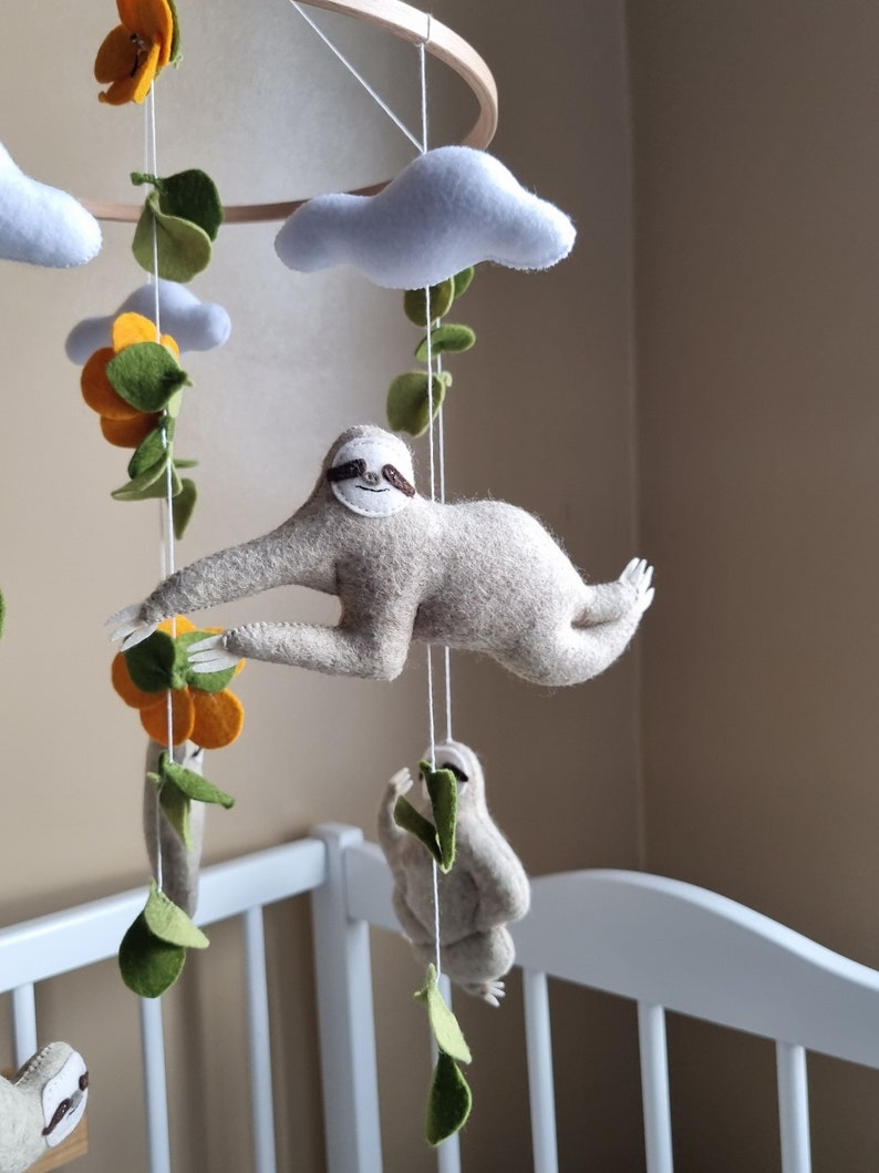 Crib baby mobile Sloths. Neutral nursery mobile handmade. Hanging tropical mobile with sloths. Baby shower newborn gift. New parents gift. image 6