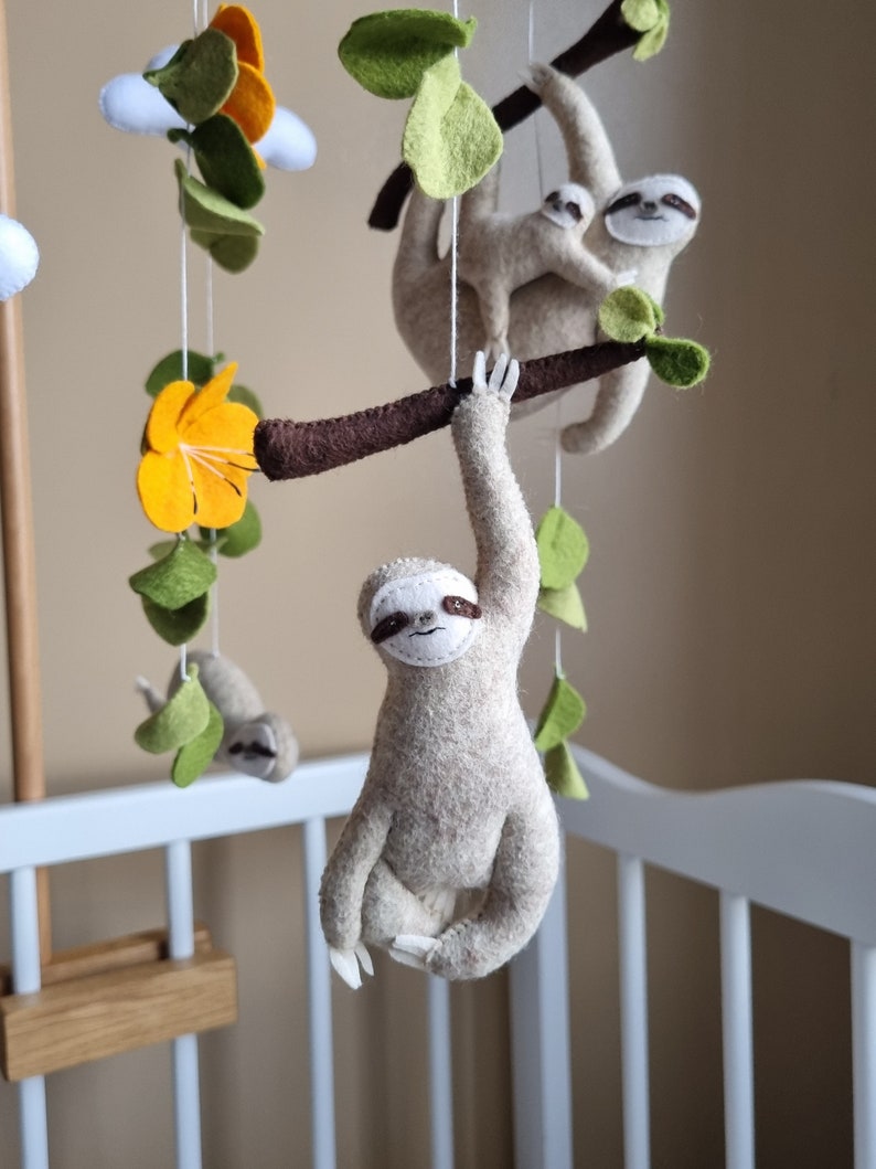 Crib baby mobile Sloths. Neutral nursery mobile handmade. Hanging tropical mobile with sloths. Baby shower newborn gift. New parents gift. image 5