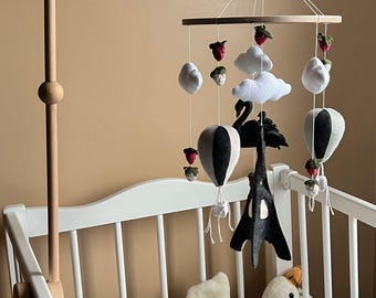 Paris theme baby girl mobile with Eiffel tower  Hot air balloon  Swan  Raspberries  Modern nursery crib decoration Soft and unique baby gift