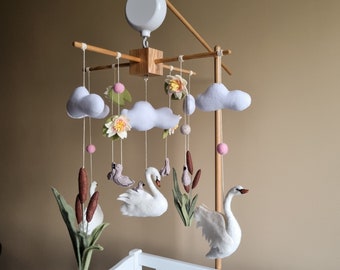 Swan baby mobile Nursery mobile for girl Princess mobile Hanging baby mobile  with swans lilacs reeds Crib baby mobile Gift for newborn baby