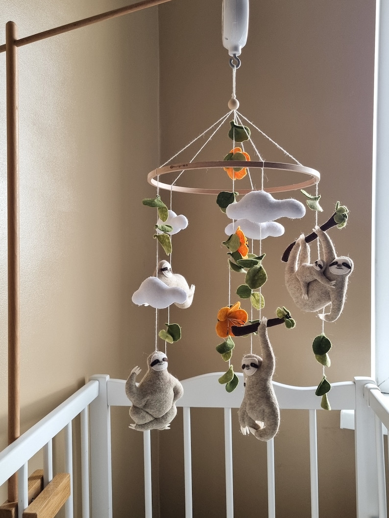 Crib baby mobile Sloths. Neutral nursery mobile handmade. Hanging tropical mobile with sloths. Baby shower newborn gift. New parents gift. image 2