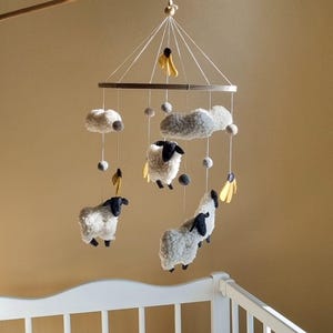 Modern baby mobile, sheep nursery, handmade baby mobile, boho style nursery decor, natural felt mobile for nursery, barnyard animals mobile