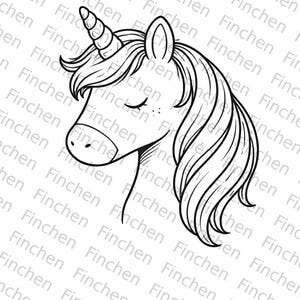 May include: A black and white line drawing of a unicorn head. The unicorn has a spiraled horn, closed eyes, and flowing mane. The background is a pattern of the word "Finchen".