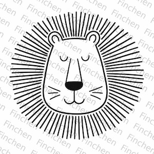 May include: A black and white line drawing of a lion's face. The lion has a round face with closed eyes, a long nose, and a small mouth. The lion's mane is represented by radiating lines.