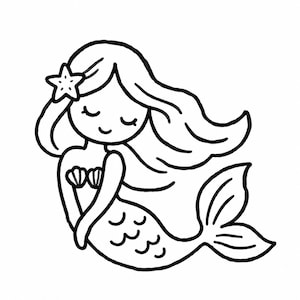 Op de afbeelding: Een zwart-witte lijntekening van een zeemeermin met lang golvend haar, een zeester als haaraccessoire en een schelpen-topje. De zeemeermin heeft een glimlachende uitdrukking met gesloten ogen en een gebogen staartvin in een eenvoudige stijl.