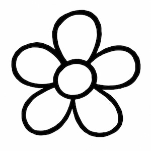 Op de afbeelding: Een eenvoudige zwart-wit lijntekening van een bloem met vijf bloemblaadjes. Het ontwerp heeft een centrale ronde kern omringd door vijf afgeronde, symmetrische bloemblaadjes, allemaal omlijnd met een consistente, dikke zwarte lijn op een witte achtergrond.
