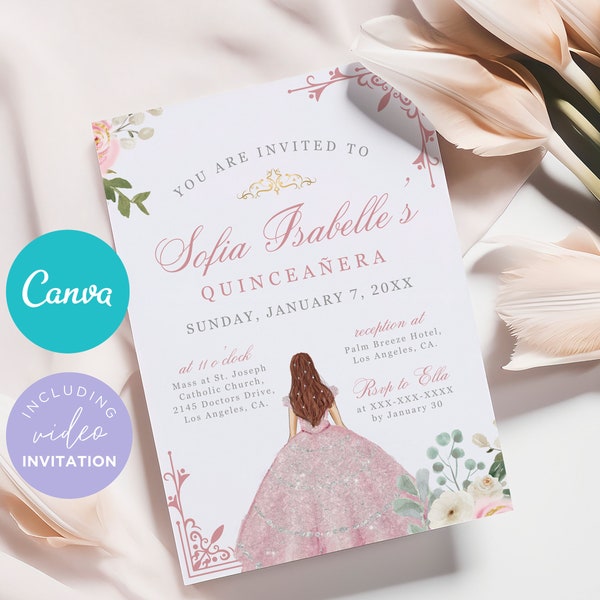 DIGITALE roze Quinceanera uitnodigingen sjabloon, roze kweepeer uitnodigingen sjabloon, roze bloemen prinses Quinceanera, Sweet 16e InvitationTemplate