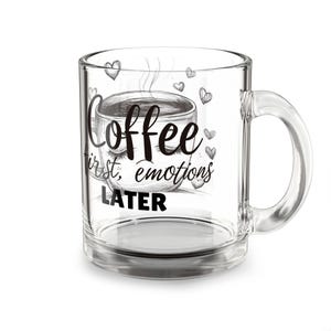 Klarglas Kaffeetasse, lustige Morgen Trinkgefäße, 10 Unzen Latte Tasse, Kaffee zuerst Emotionen später, Geschenk für Sie, klare Tasse mit Sprüchen