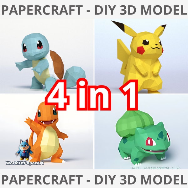 Pokemon Papercraft pack 4 in 1 + GIFT meowth, DXF, PDF Template , 3D Origami, Home Decor, Art, Gifts, Diy Pokemon Papercraft - Low Poly