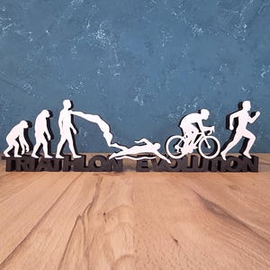 May include: A black wooden sculpture depicting the evolution of a triathlete. The sculpture shows figures representing the stages of the triathlon: swimming, cycling, and running. The word "TRIATHLON EVOLUTION" is at the base.
